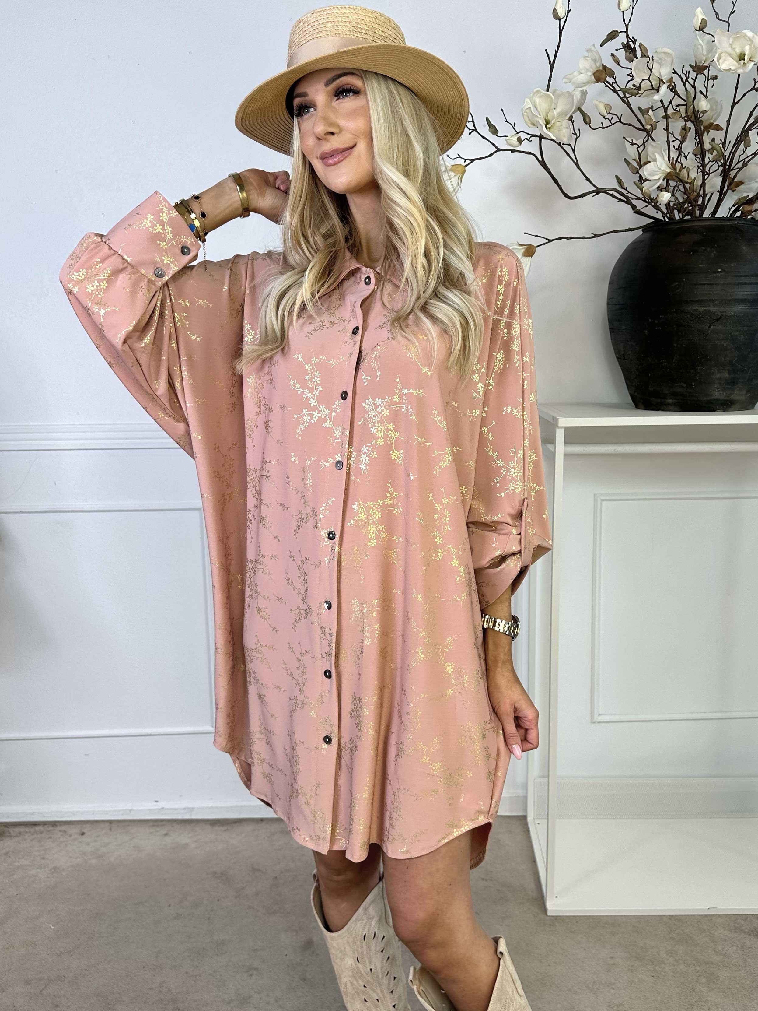 Mia Gold - Skjortklänning med resår och gulddetaljer